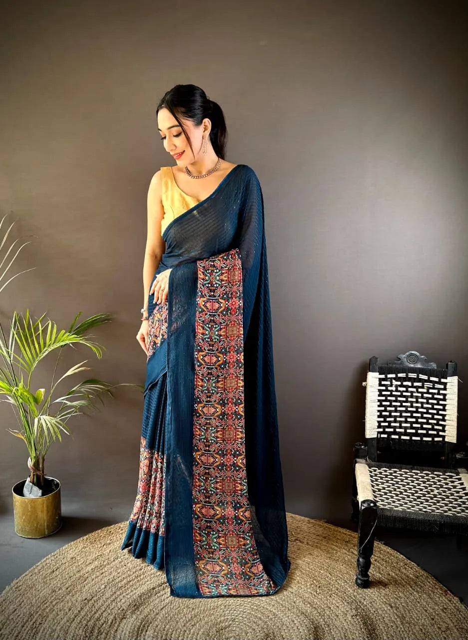 Fancy Georgette Saree with Sequence Work & Foil Print | Party Wear Saree (Blue)